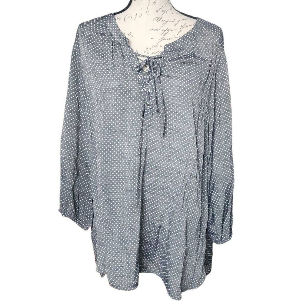 Fred David Women's Size 2X Gray White Polka Dot Lace Up 3/4 Sleeve Blouse